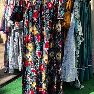Black Floral Muumuu Dress with Red and Yellow Accents